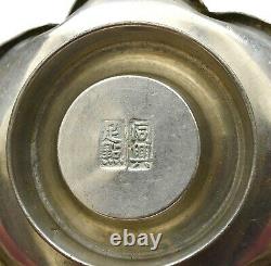 1940's Set 4 Chinese Pewter Tea Cup & Saucer Calligraphie Mk Plum Blossom Formed