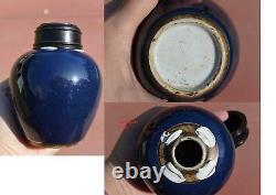 19c Chinese Cobalt Blue Glaze Monochrome Porcelaine Thé Caddy Vase Couverture En Bois Couvercle
