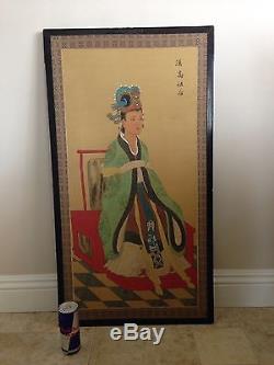 19x35 Large Fine Peinture Ancienne En Soie Chinoise Signée Femme Impériale Han Guo Zhou Wow