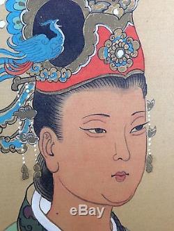 19x35 Large Fine Peinture Ancienne En Soie Chinoise Signée Femme Impériale Han Guo Zhou Wow