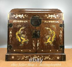 20 Old Chinese Huanghuali Wood Inlay Shell Dragon Container Tiroir Boîte De Rangement