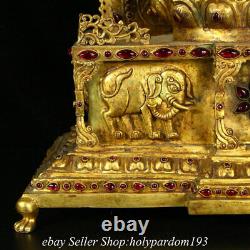 21.8 Vieux Chinois Pourpre Bronze 24k Or Gilt Gems Shakyamuni Bouddha Statue