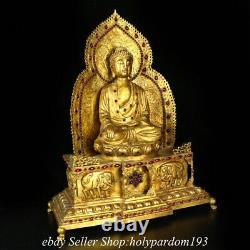 21.8 Vieux Chinois Pourpre Bronze 24k Or Gilt Gems Shakyamuni Bouddha Statue