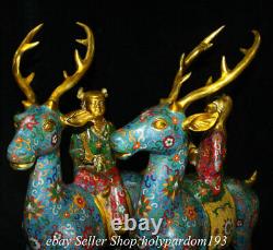 24 Old Chinese Bronze Cloisonne Fengshui Animal Deer Tongzi Statue Paire