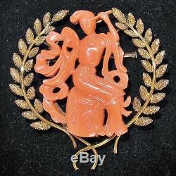 2.35 Broche Vintage En Or 14 Carats Avec Corail Rose Sculpté Chinois Lady Immortal (18.2g)