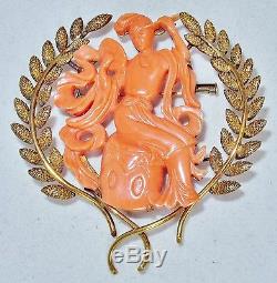 2.35 Broche Vintage En Or 14 Carats Avec Corail Rose Sculpté Chinois Lady Immortal (18.2g)
