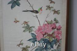 2 Pcs Chinois Original Oiseau Fleur Et Aquarelle Peinture Sur Soie Signé