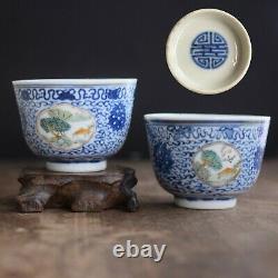 2 Tasses Chinoises Anciennes En Bleu Et Blanc, Qing Tardif / République #710 #711