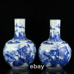 34 CM Chinese Bleu Et Blanc Porcelaine Vase Paysage Potterie Vase Bouteille