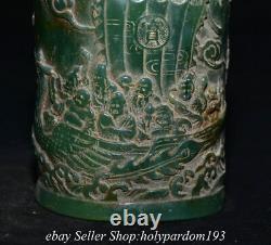 3.8 Vieux Chinois Vert Jade Sculpté Phoenix 7 Figure Brosse Pot Vase De Crayon Pot
