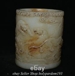 4.8 Vieux Chinois Blanc Jade Sculpté 5 Cinq Tigre Ronde Pinceau Pot Vase De Crayon