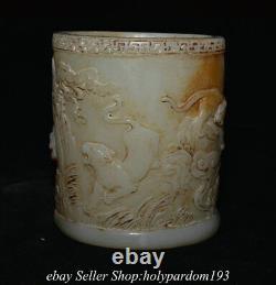 4.8 Vieux Chinois Blanc Jade Sculpté 5 Cinq Tigre Ronde Pinceau Pot Vase De Crayon