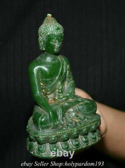 4.8 Vieux Chinois Vert Jade Carving Shakyamuni Amitabha Bouddha Statue
