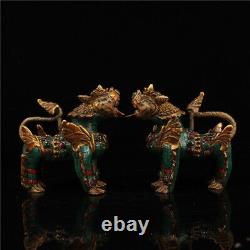 4,92 Paire de statues de lions de porte peintes en cuivre pur chinois incrusté de pierres précieuses dorées