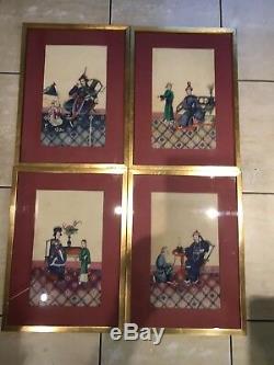 4 Grand Riz Chinois Antique Encadré Papier Peintures, Pith