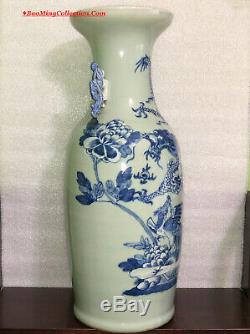 58cmh Qing Chinois Bleu Et Blanc En Porcelaine Céladon Dragon Phoenix Floor Vase