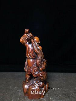 5,6 Statuette en bois de buis ancienne chinoise sculptée à la main représentant le Lohan xiang