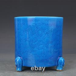 6.1 Brûleur d'encens en porcelaine chinoise Ming à émail bleu représentant un animal dragon à trois pieds