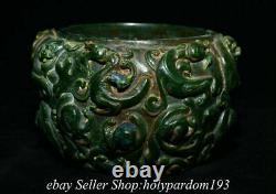 6.4 Old Chinese Green Jade Sculpté Fengshui Pi Xiu Dragon Beast Jar Pot Statue T