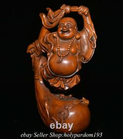 6.8 Chinese Boxwood Hand-carved Sack Happy Laugh Maitreya Bouddha Statue