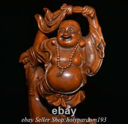 6.8 Chinese Boxwood Hand-carved Sack Happy Laugh Maitreya Bouddha Statue