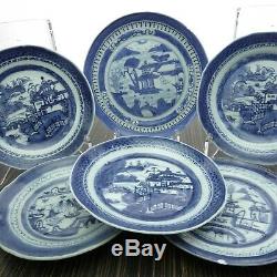 6 C1850 Canton Antique Chinois Bleu Et Blanc En Porcelaine Export Désert Plaques