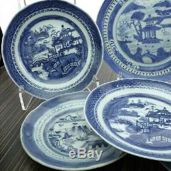 6 C1850 Canton Antique Chinois Bleu Et Blanc En Porcelaine Export Désert Plaques