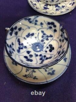 6 Tasse et soucoupe en porcelaine bleu et blanc antique chinoise de la dynastie Qing