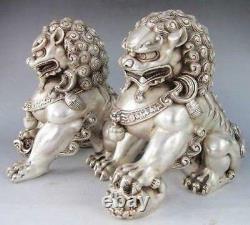6 Une Paire Chinoise Argent Bronze Fu Foo Dog Guardian Lion Statue