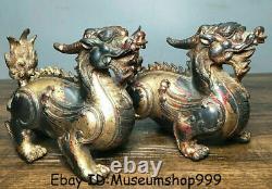 6 Vieux Chinois Bronze Gilt Feng Shui Pixiu Fly Beast Licorne Lucky Statue Paire