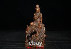 6ancien Chinois Boxwood Bois Main Sculptée Dragon D'équitation Guanyin Bouddha Statue