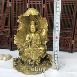 7.2 Antiquités chinoises Statue de Guanyin en cuivre pur plaqué or feuille de lotus