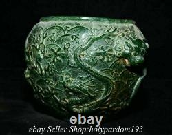 7.2 Vieux Chinois Vert Jade Sculpté Fengshui Double Dragon Jouer Pot De Pot De Perles