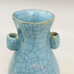 7.3 Chinese Porcelaine Song Dynastie Ru Four Glaçure Cyan Glace De Glace Fissure Double Oreille Vase