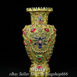 7.6 Old Chinese Copepr 24k Gold Gilt Filigre Gems Bouteille Vase Paire