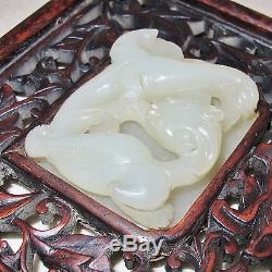 7.8 Écran De Table En Bois Chinois Antique Avec 2 Dragon De Chilong En Jade Blanc Sculpté
