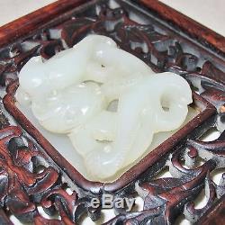 7.8 Écran De Table En Bois Chinois Antique Avec 2 Dragon De Chilong En Jade Blanc Sculpté
