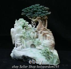 8.2 Chinen Green Dushan Jade Carving Mountain Tree House Statue