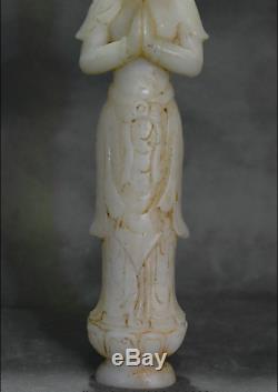 8.4 Antiquité Bouddhisme Chinois Naturel Jade Blanc Sculpté Statue De Kwan-yin Guan Yin