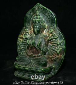 8.4 Vieux Jade Verte Chinoise Sculpté 1000 Armoiries Avalokiteshvara De Déesse Statue