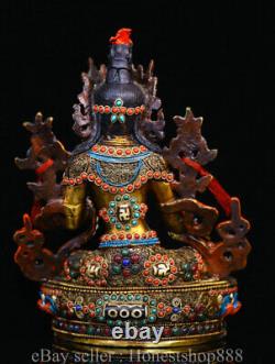 8.4 Vieux Tibet Bouddhisme Cuivre Incrustation Dzi Perles Gem Vert Tara Bouddha Statue