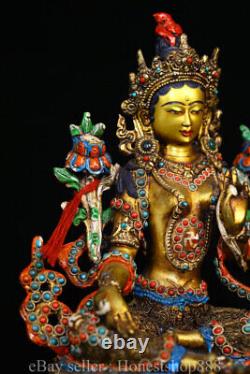 8.4 Vieux Tibet Bouddhisme Cuivre Incrustation Dzi Perles Gem Vert Tara Bouddha Statue