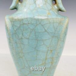 8.7 Vieux Chinois Porcelaine Chanson Dynastie Ru Four Cyan Glace Crack Double Oreille Vase