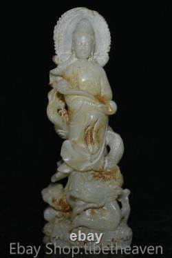 8.8 Ancienne sculpture en jade blanc chinois de la déesse Kwan-yin du FengShui avec un dragon