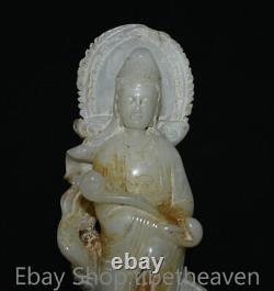 8.8 Ancienne sculpture en jade blanc chinois de la déesse Kwan-yin du FengShui avec un dragon