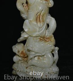 8.8 Ancienne sculpture en jade blanc chinois de la déesse Kwan-yin du FengShui avec un dragon