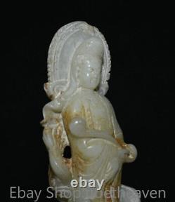 8.8 Ancienne sculpture en jade blanc chinois de la déesse Kwan-yin du FengShui avec un dragon