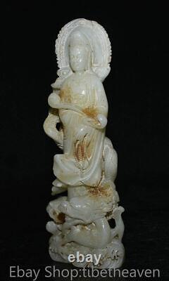 8.8 Ancienne sculpture en jade blanc chinois de la déesse Kwan-yin du FengShui avec un dragon