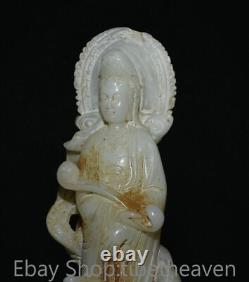 8.8 Ancienne sculpture en jade blanc chinois de la déesse Kwan-yin du FengShui avec un dragon