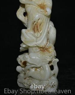 8.8 Ancienne sculpture en jade blanc chinois de la déesse Kwan-yin du FengShui avec un dragon